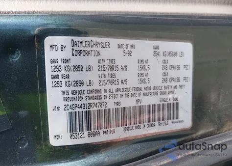 2002 Chrysler Town & Country Lx z USA, uszkodzony, nr VIN 2C4GP44312R747072